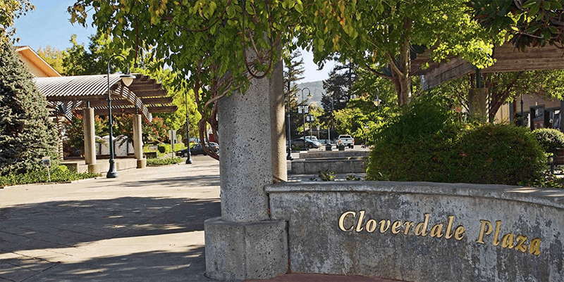 The tree-lined Cloverdale Plaza in downtown Cloverdale